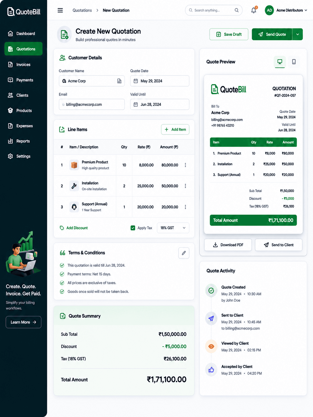QuoteBill invoice templates and billing workflow