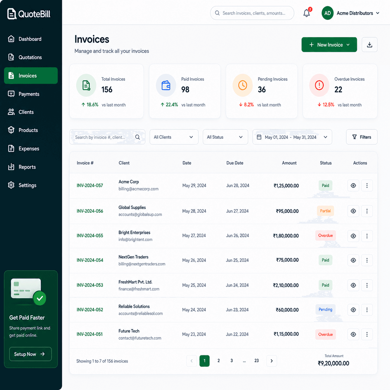 QuoteBill payment tracking interface