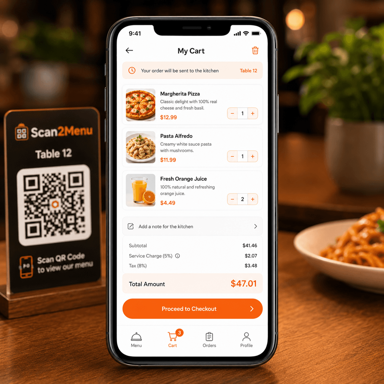 Scan2Menu cart and checkout on mobile
